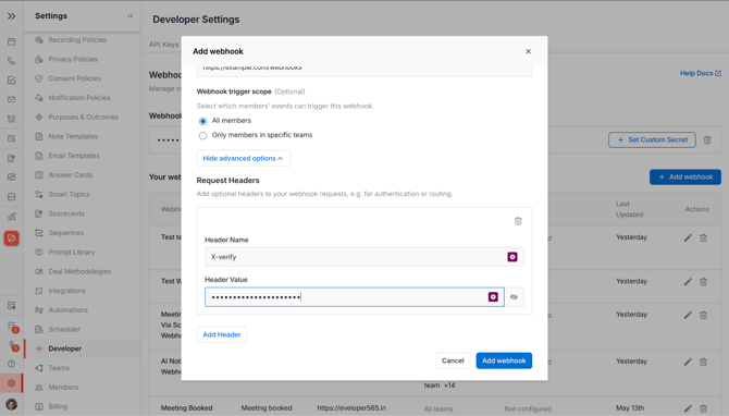 Avoma webhook advanced options