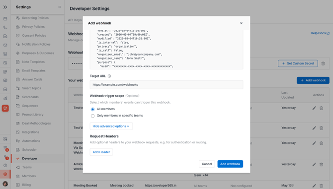 Avoma webhook creation dialouge