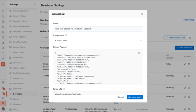 Avoma Webhook edit dialog showing updated fields with the Save and apply button