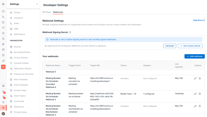 Webhook Signing Secret section with the Generate button visible and the info icon