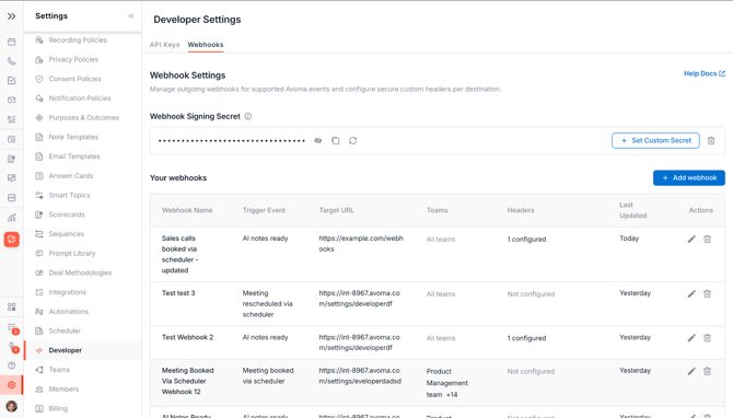 Avoma Webhooks list with the trash/delete icon visible in the Actions column