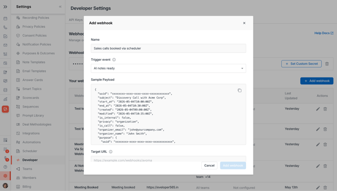 Avoma Webhook creation dialog 