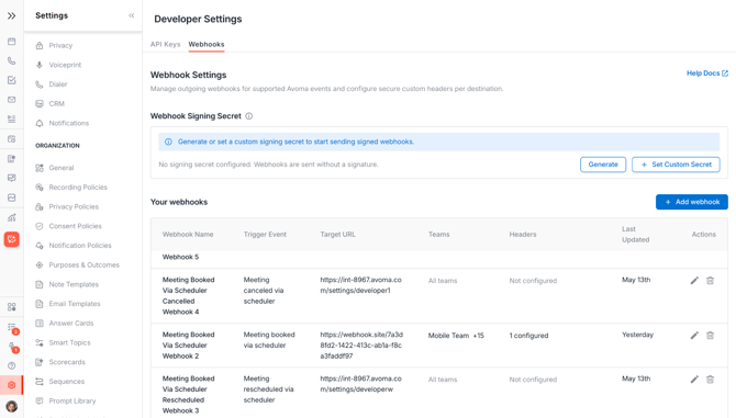 Settings → Organization → Developer page with the Webhooks tab highlighted