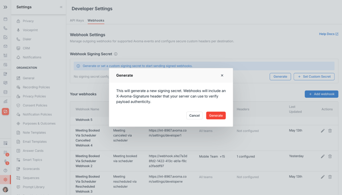 Avoma webhook generation: Confirmation dialog with the warning text and Generate button