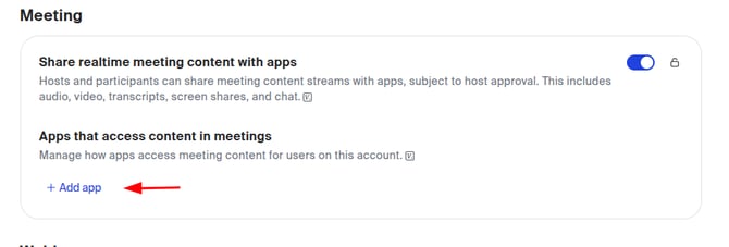 Zoom Meeting settings with Share realtime meeting content with apps turned on and an arrow pointing to the Add app link