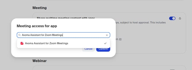Meeting access for app dialog with Avoma Assistant for Zoom Meetings selected in the search results