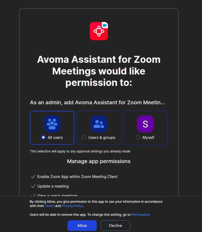 Zoom permission screen for Avoma Assistant for Zoom Meetings with All users selected and the Allow button