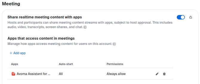 Admin Zoom Apps settings: Share realtime meeting content with apps turned on, and Avoma Assistant for Zoom Meetings listed with Auto-start set to All and Permissions set to Always allow