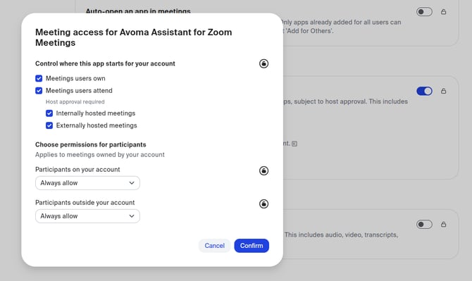Meeting access for Avoma Assistant for Zoom Meetings window with all four start options checked and both participant permissions set to Always allow