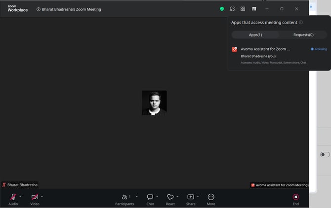 Zoom meeting window with the Apps that access meeting content panel showing Avoma Assistant for Zoom Meetings as Accessing, and the Avoma Assistant for Zoom Meetings label at the bottom right of the video area